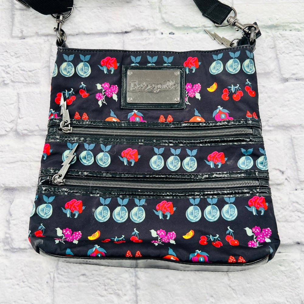 Betsyville  Johnson Crossbody Bag Retro Fruit Print Black Nylon Adjustable Strap - Picture 2 of 9
